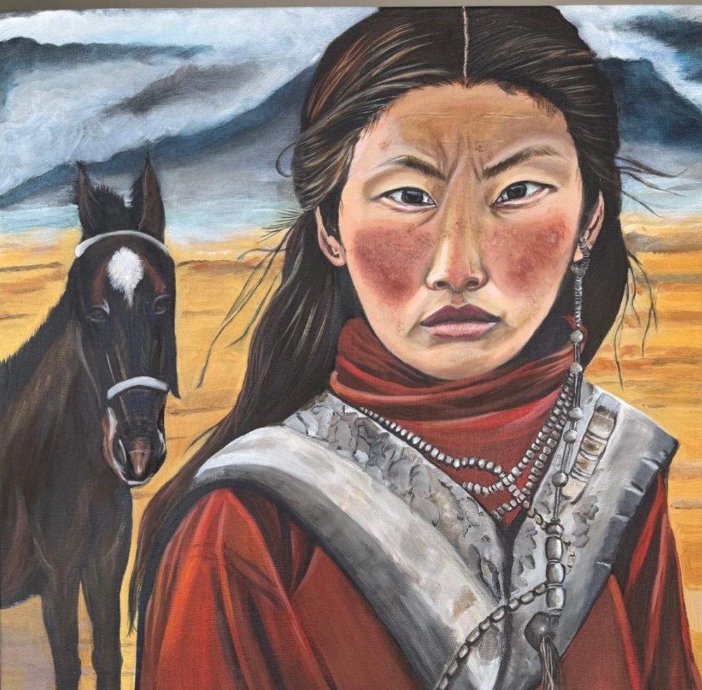 A steppe woman with her horse behind her