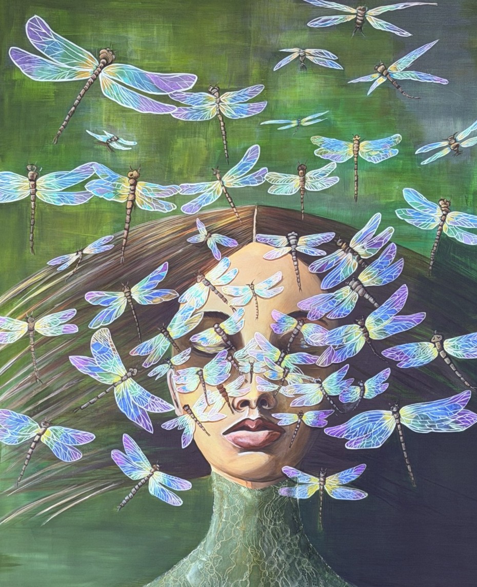 A woman veiled in translucent dragonflies