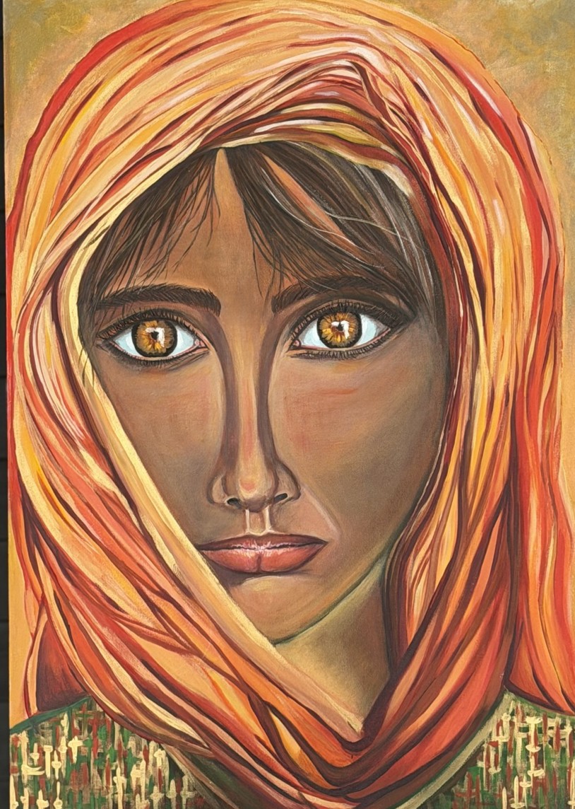 A woman wrapped in a saffron-coloured veil, amber eyes glowing