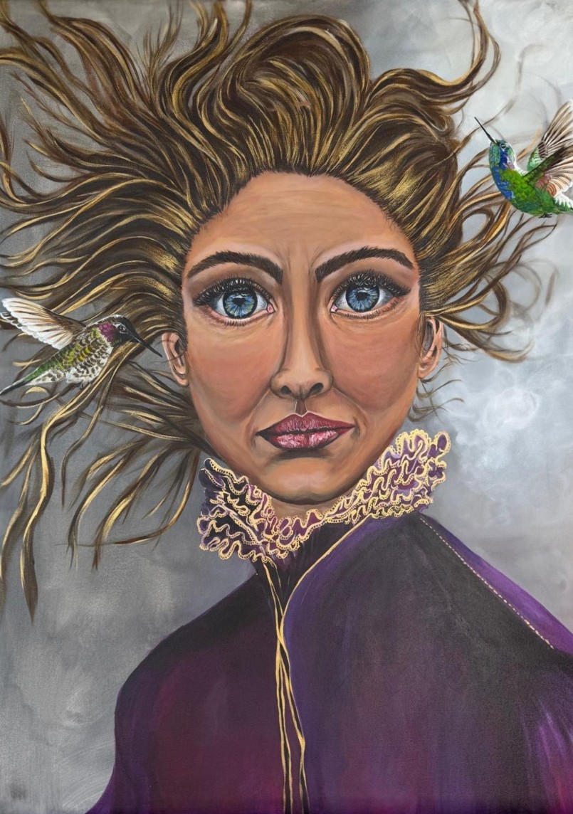 A woman with wild hair, a purple collar, and hummingbirds